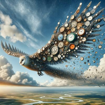 The primary subject of the image is a bird, specifically a large owl, flying through the sky. The bird is surrounded by a multitude of clocks, which are scattered throughout the scene. The setting appears to be a cloudy sky, and the visual style is a digital art or illustration. The colors and mood of the image are predominantly dark and moody, with the owl and clocks creating a dramatic and intriguing scene.